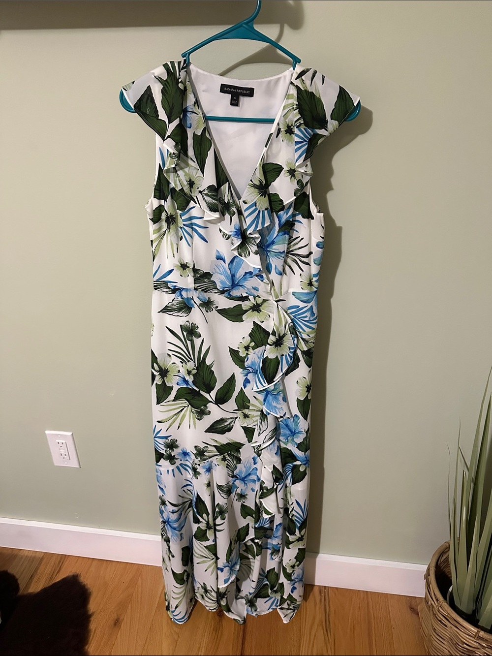 Banana Republic White Maxi Dress with Blue and Green Floral Print